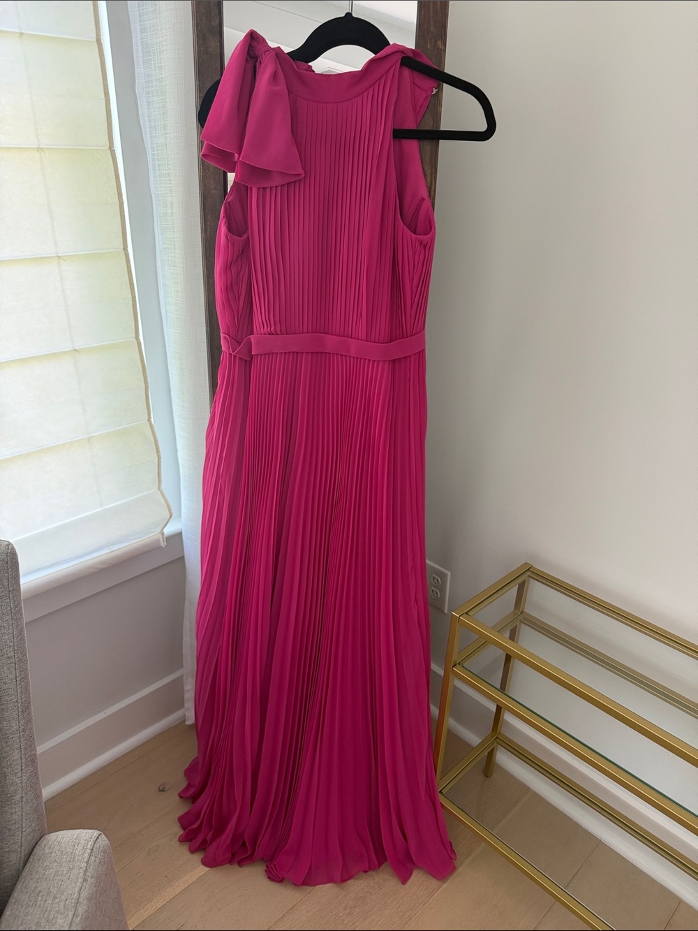 Azazie Hot Pink Pleated Maxi Dress with Shoulder Bow